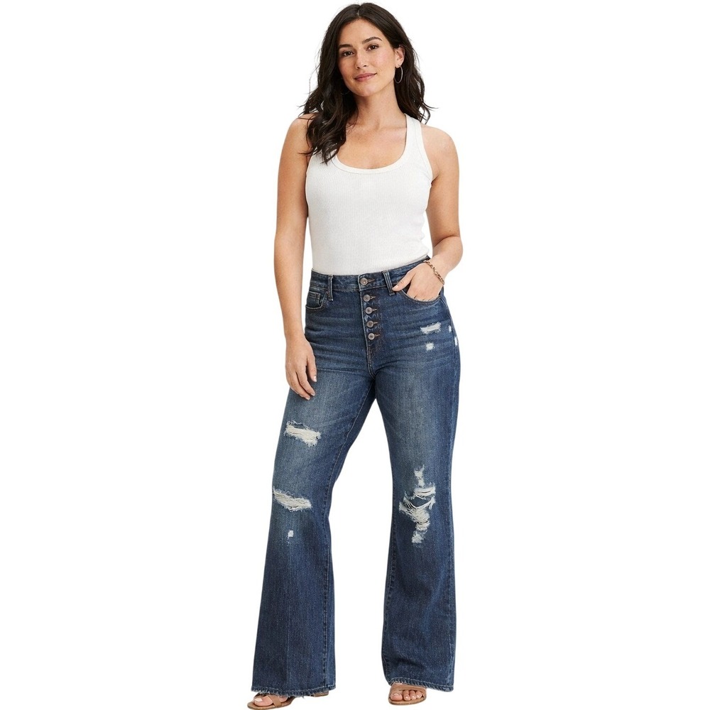 KanCan High Rise Wide Leg Distressed Jeans Medium Wash Button Fly Denim Size 27